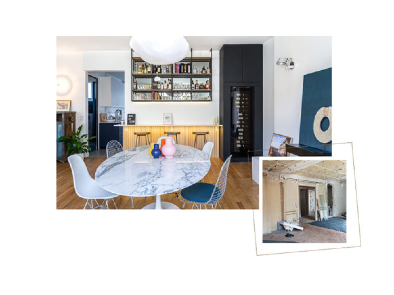 Avant/ Après - Photo bar de salon avec cave à vin intégrée dans un meuble - Projet d'archi - Renovation d'un appartement à Paris