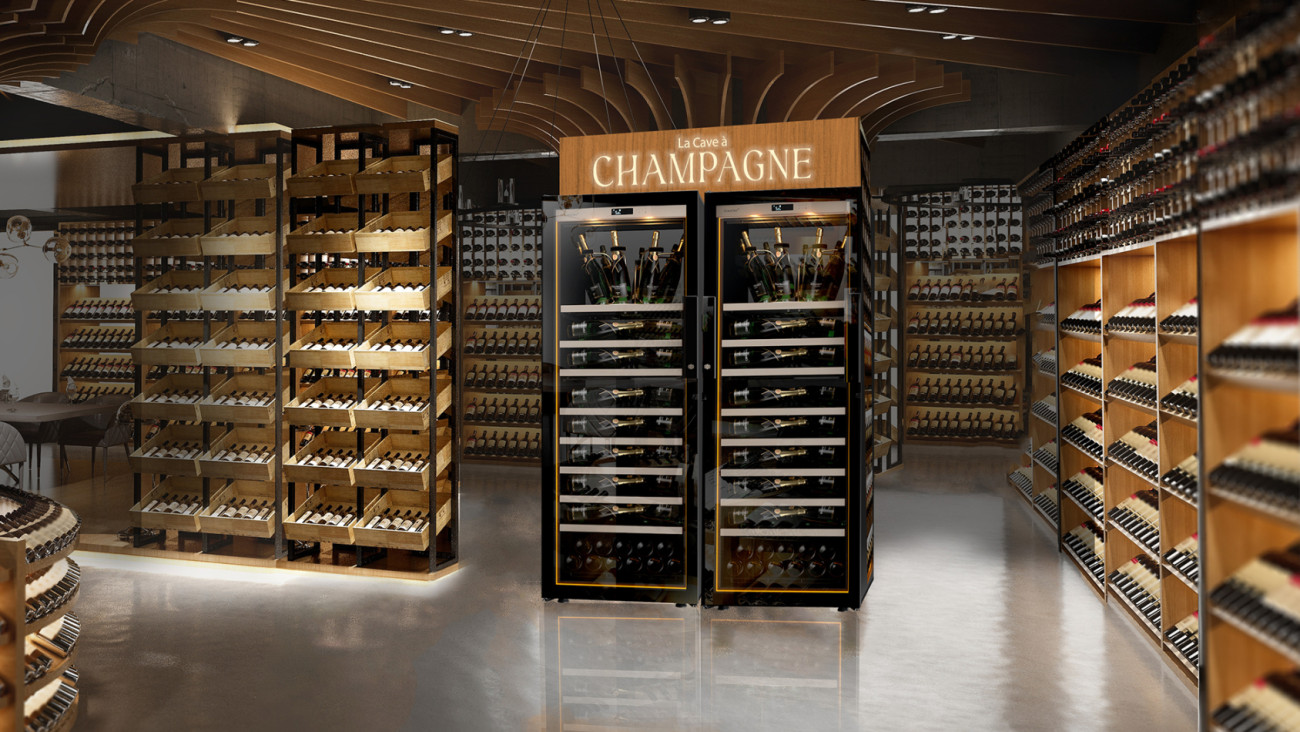 Attirer plus de clients en magasin et augmenter vos ventes avec une vitrine réfrigérée à vin attractive. Ici un corner cave à vin spécialement dédiée à la présentation des champagnes et la mise à température de dégustation.