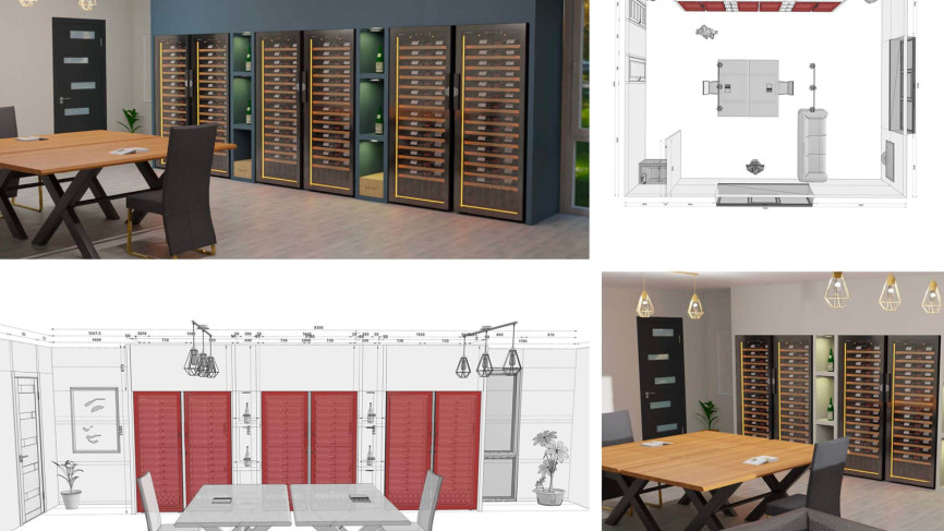 Rendus réalistes 3D pour mieux se projeter dans un projet d'architecture d'interieur avec encastrement de cave à vin dans un meuble custom.