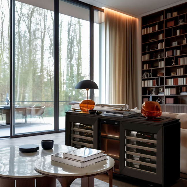 Combiné buffet design et véritable cave à vin électrique de service pour rafraîchir et chambrer le vin, toute la technologie eurocave intégrée et une garantie constructeur 5 ans.