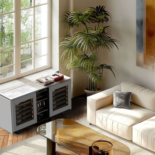 Combiné buffet design et véritable cave à vin électrique de service pour rafraîchir et chambrer le vin, toute la technologie eurocave intégrée et une garantie constructeur 5 ans.