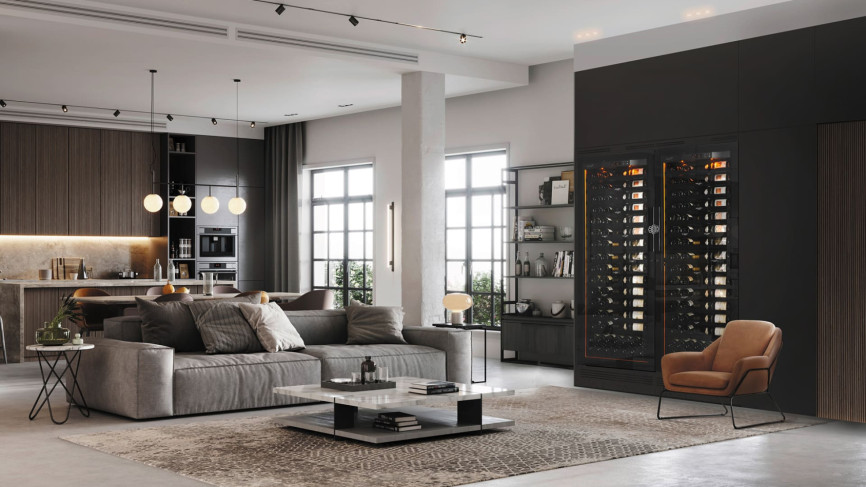 Caves à vin 1 température encastrées côte à côte avec lumière intégrée, porte vitrée et équipement premium. Revelation EuroCave