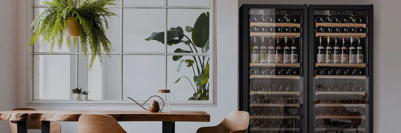 Double cave à vin grande capacité EuroCave installée dans une niche dans le mur d'un salon.