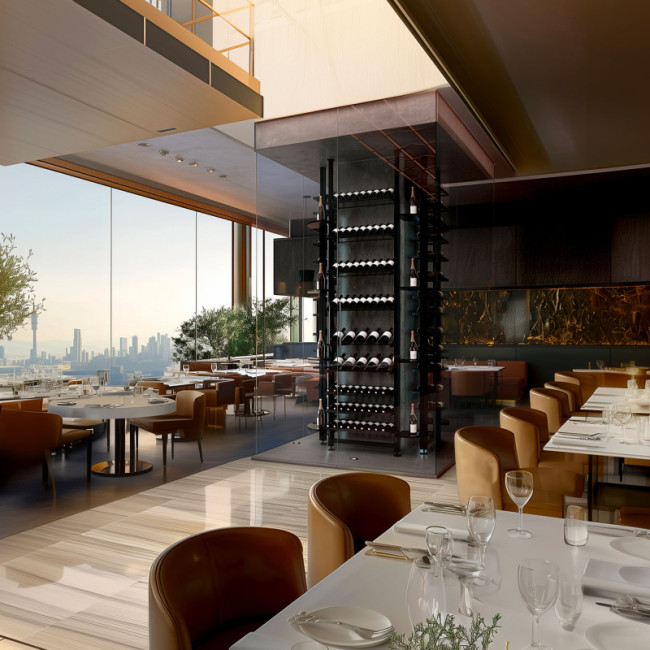 Architecture intérieure - Conception de vitrines de vin. Photo : rangements vin installés autour d'un pilier au centre de la salle de restaurant.
