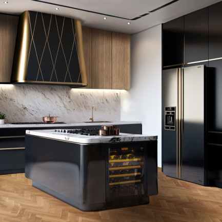 Cave a vin encastrable de petite taille intégrée dans l'îlot d'une cuisine à la décoration luxueuse - Compact EuroCave