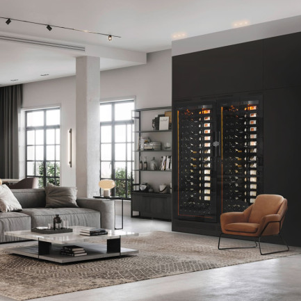 Cave a vin de vieillissement design intégrée dans un meuble sur mesure dans un salon - Revelation EuroCave