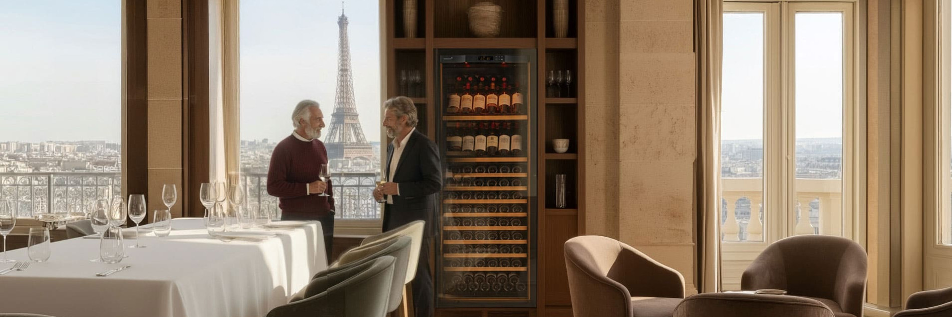 Cave à vin encastrable dans un restaurant gastronomique avec vue sur la tour Eiffel
