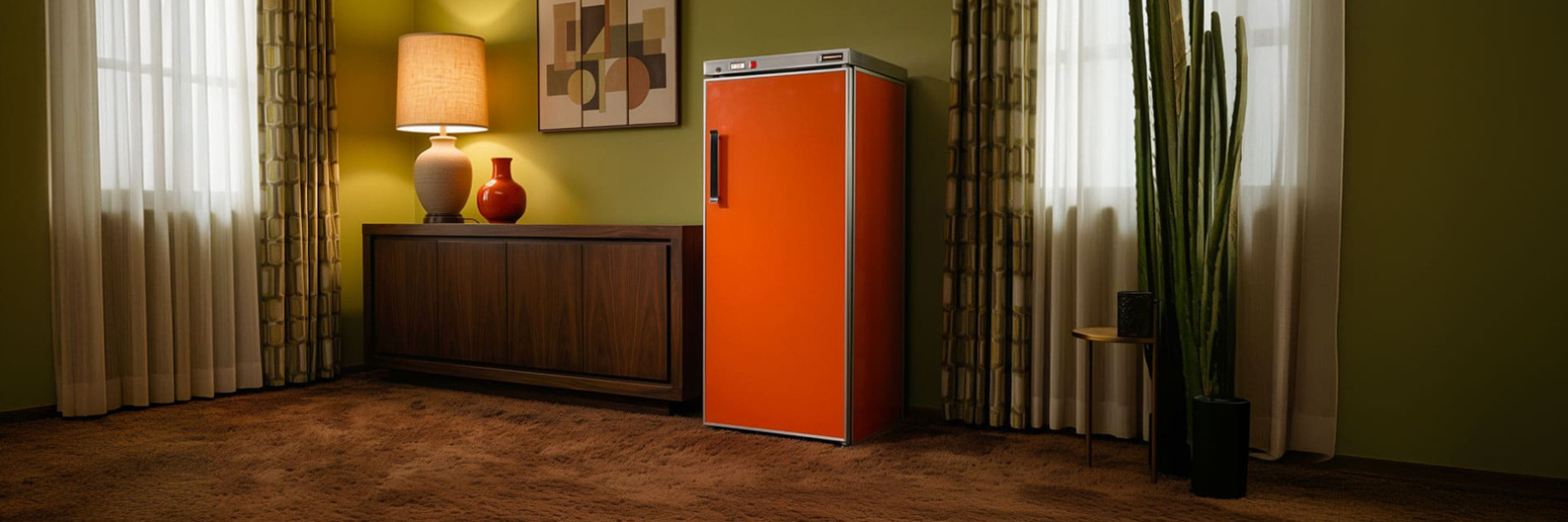 Première cave à vin historique au design vintage orange marquant les débuts de la marque pionnière