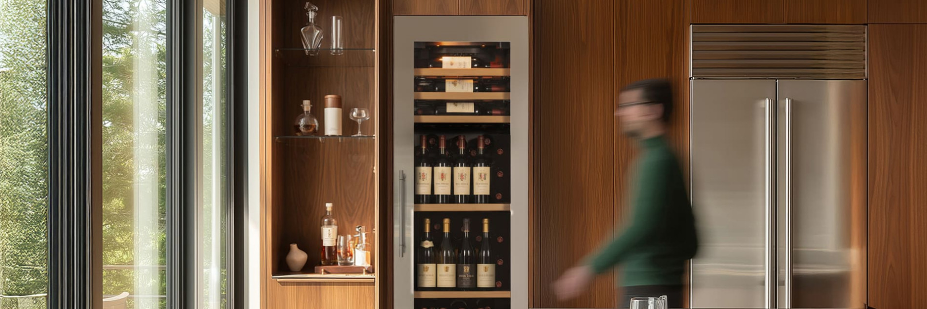 Cave à vin encastrable avec porte technique et finition inox dans une cuisine contemporaine