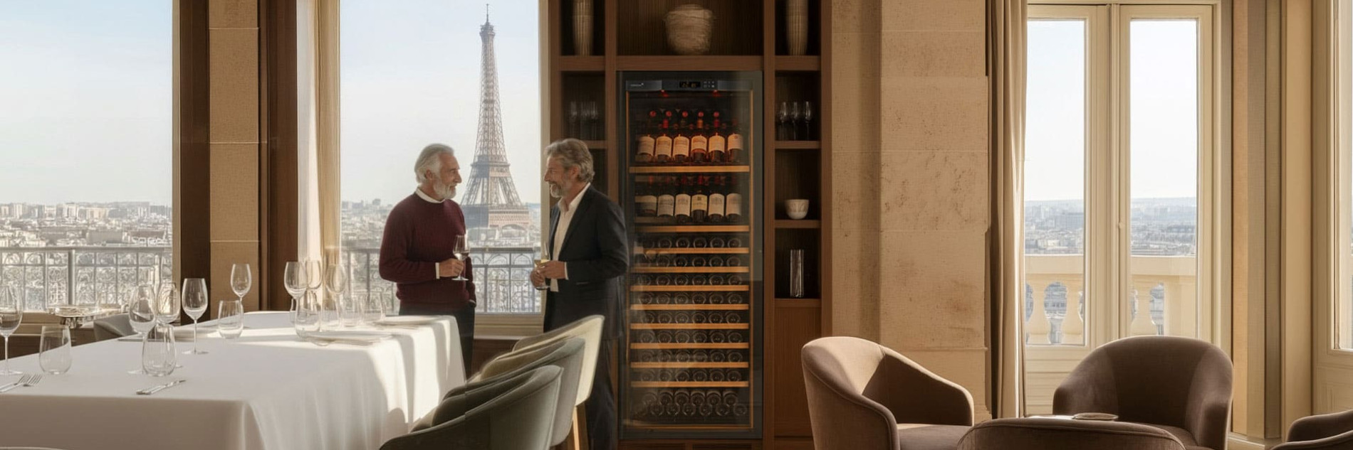 Cave à vin encastrable dans un restaurant gastronomique avec vue sur la tour Eiffel
