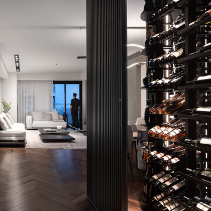 Aménagement de cave à vin contemporaine avec support de bouteilles Individuels